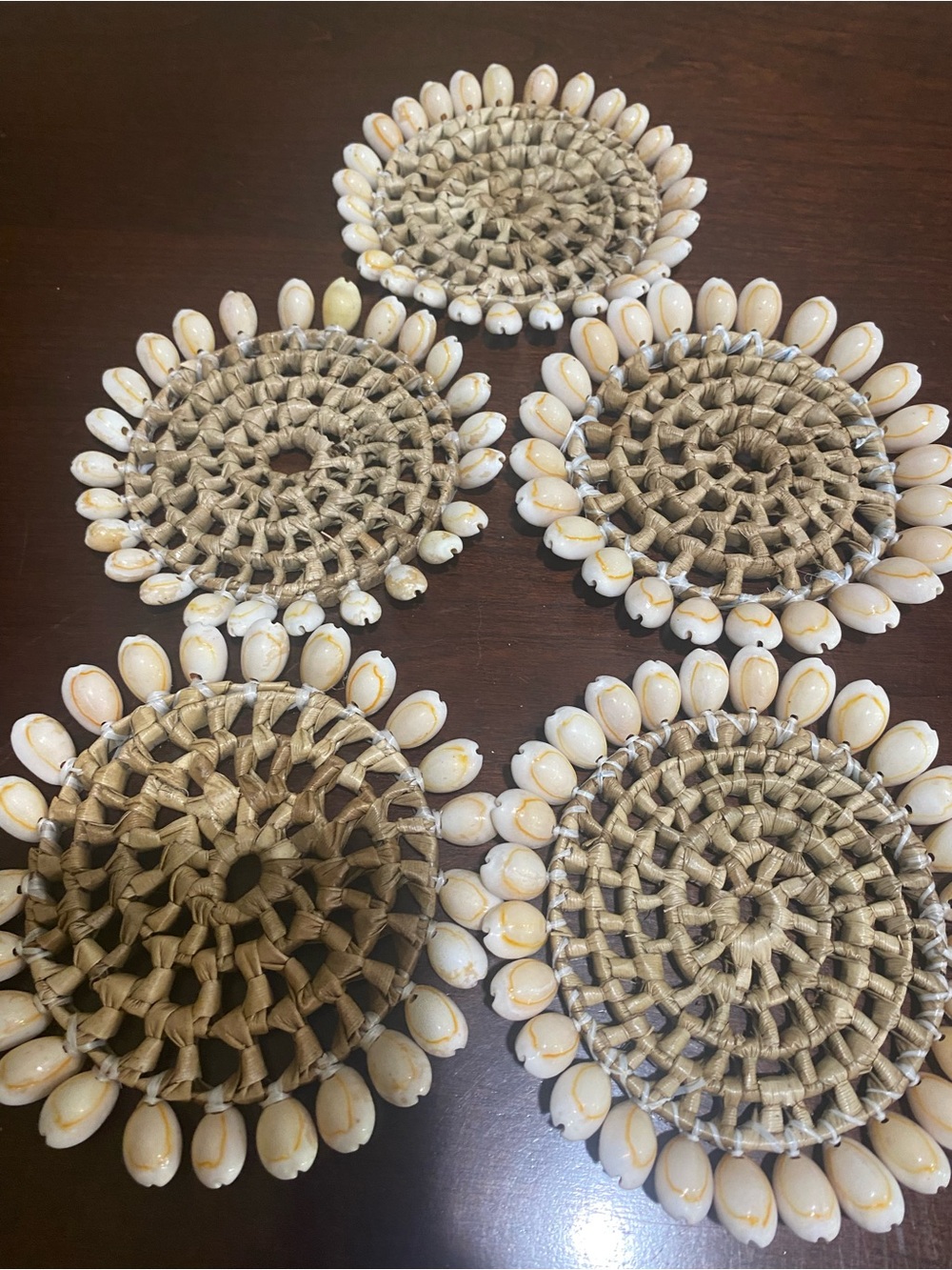 Vintage,Set of 5, Handmade Natural Woven Banana Leaves and Cowrie Shells Coaster